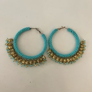 Fun blue and gold beaded hoop earrings